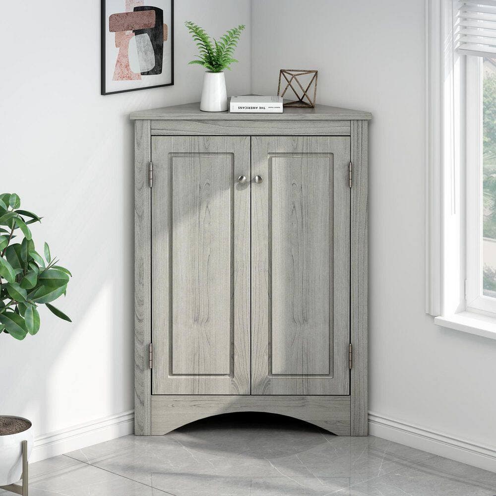 YSQCAR 23.6 in. W x 17.2 in. D x 31.5 in. H Gray MDF Freestanding Triangle Linen Cabinet with Door, Adjustable Shelf (2)