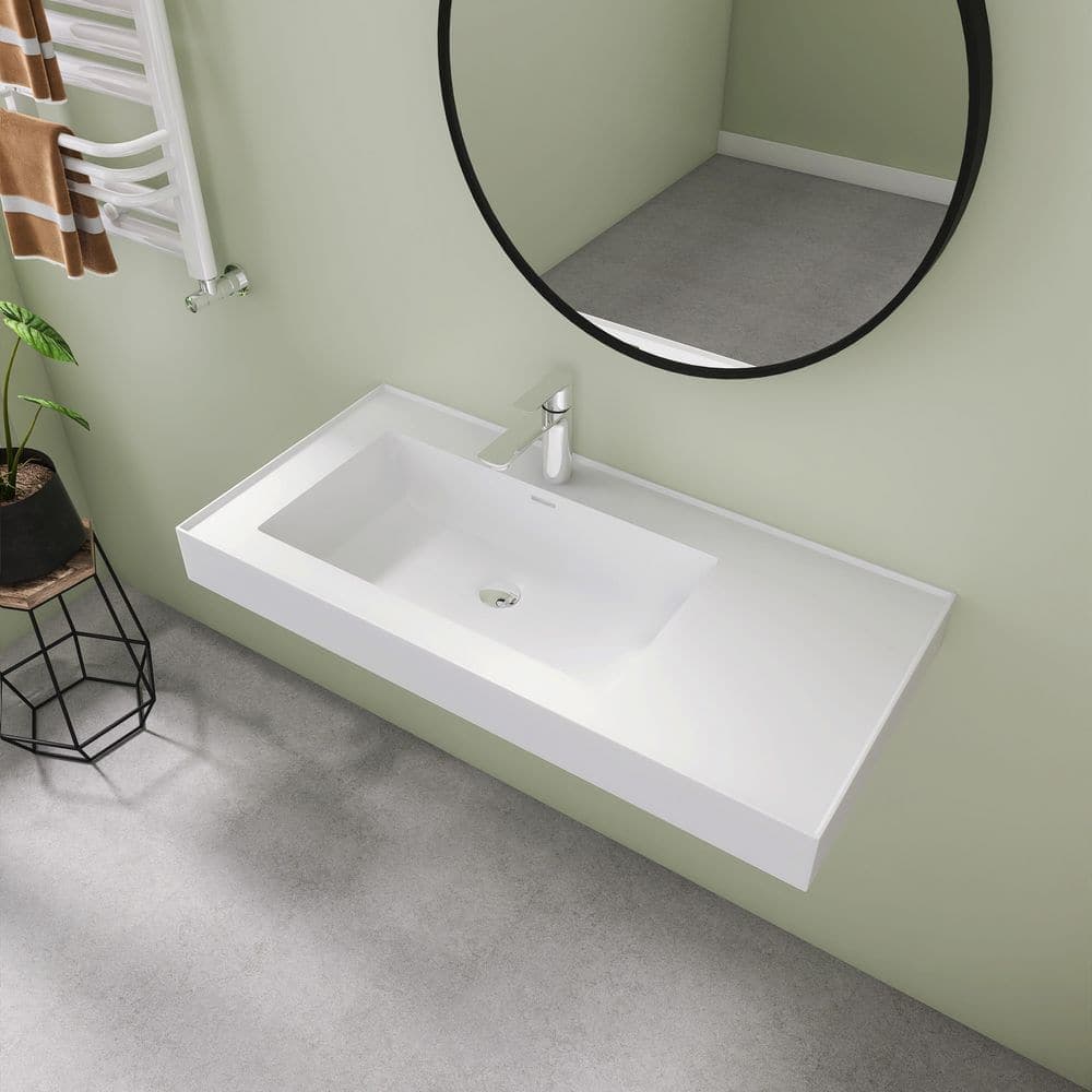 SJ STAR&JANE 39 x 19 in. Solid Surface Bathroom Vessel Sink Wall Mount or Countertop Left Basin with Faucet Holes in Matte White (1)