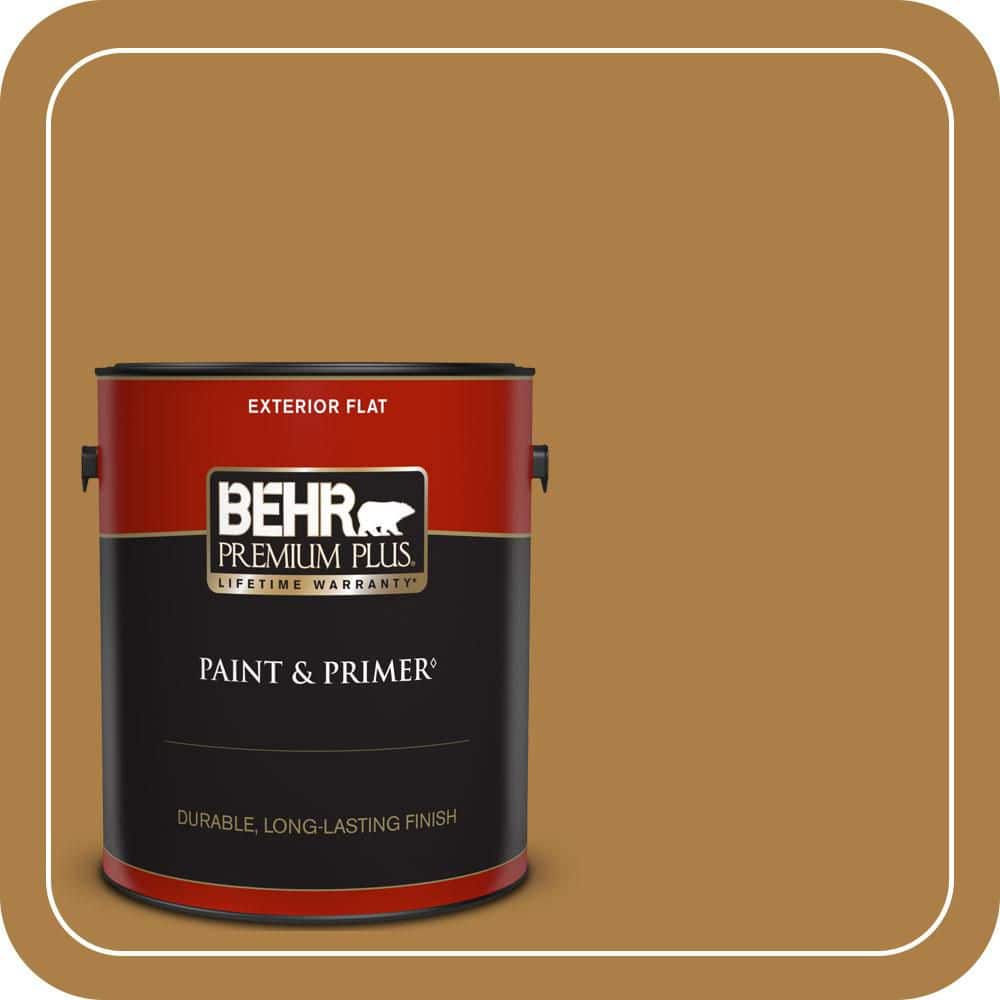 BEHR PREMIUM PLUS 1 gal. #300D-6 Medieval Gold Flat Exterior Paint & Primer