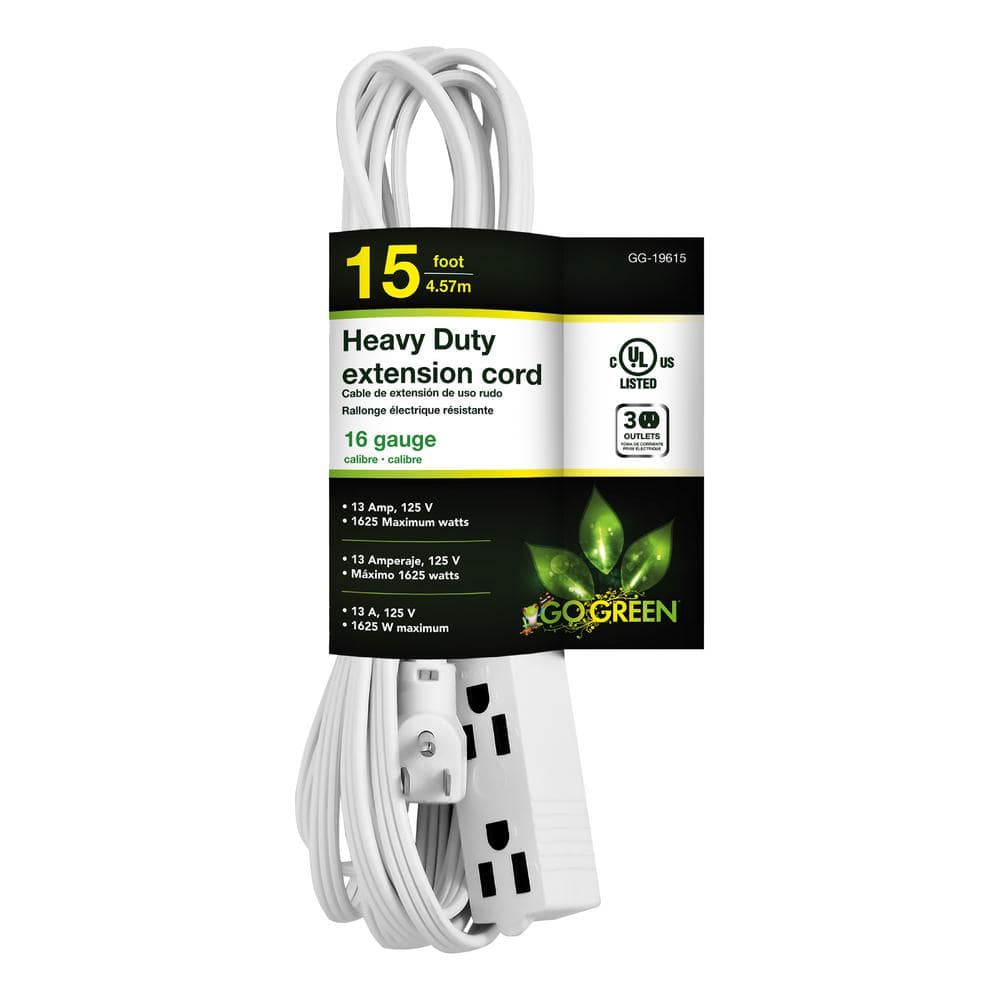 GoGreen Power 15 ft. 16/3 SPT-2, 3 Outlet Extension Cord - White (1)