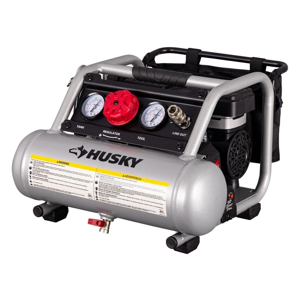 Husky 1 Gal. 135 PSI Portable Electric Oil-Free Quiet Jobsite Air Compressor with Dual Pressure Gauges and 1-Quick Coupler