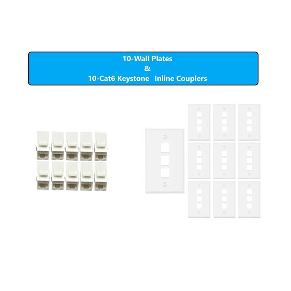 Micro Connectors, Inc 10-Pack 1-Gang White Keystone Plastic Wall Plate 3-Port and 10 Cat 6 RJ45 Keystone Inline Couplers White (2)