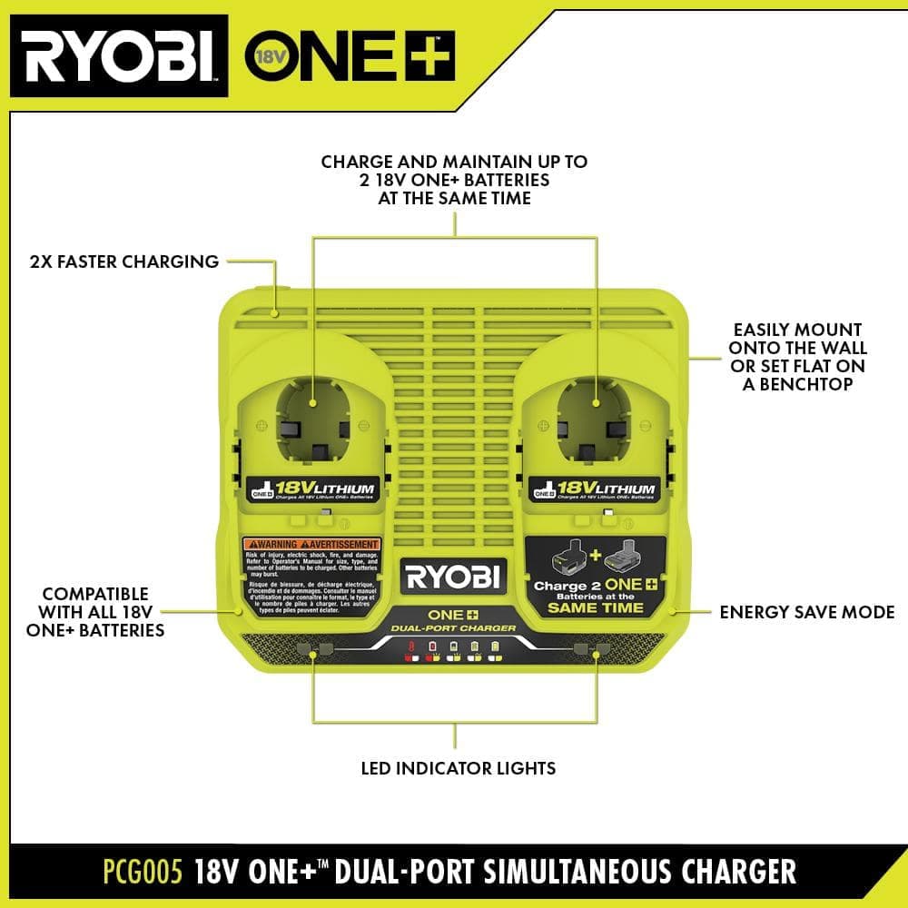 RYOBI ONE+ 18V Dual Port Simultaneous Charger with 6.0 Ah HIGH PERFORMANCE Battery (2-Pack) (3)