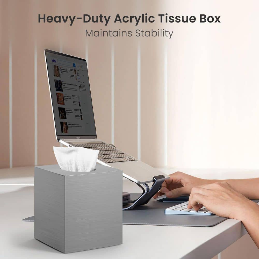 Numhew Square Modern Facial Acrylic Tissue Box Cover in Silver, Napkin Dispenser Accessories for Bathroom, Bedroom, Office (2)