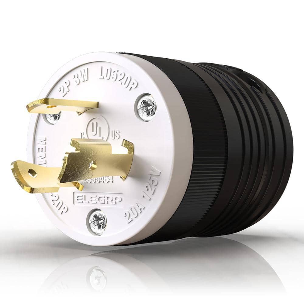 ELEGRP 20 Amp 125-Volt NEMA L5-20P Locking Plug, Industrial Grade Grounding Heavy-Duty, Black/White (1)