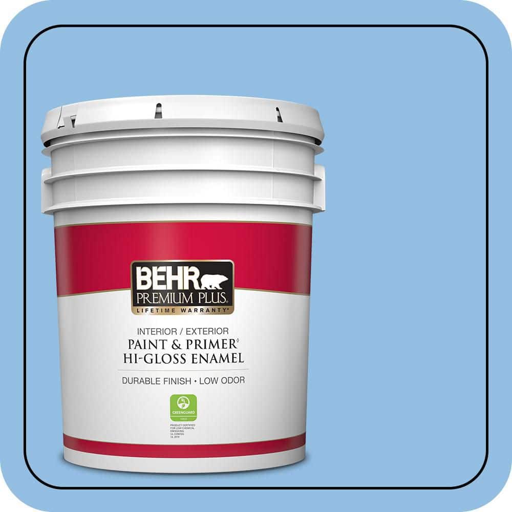 BEHR PREMIUM PLUS 5 gal. #P520-3 Toile Blue Hi-Gloss Enamel Interior/Exterior Paint & Primer (1)