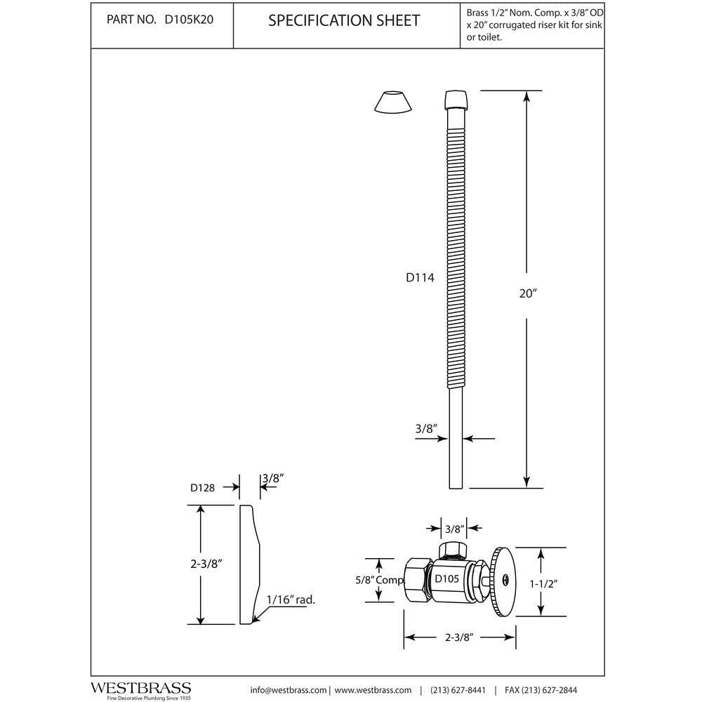 Westbrass 5/8 in. 3/8 in. OD Corrugated Riser Supply Line Kit with 1/4-Turn Round Handle Angle Valve (2)
