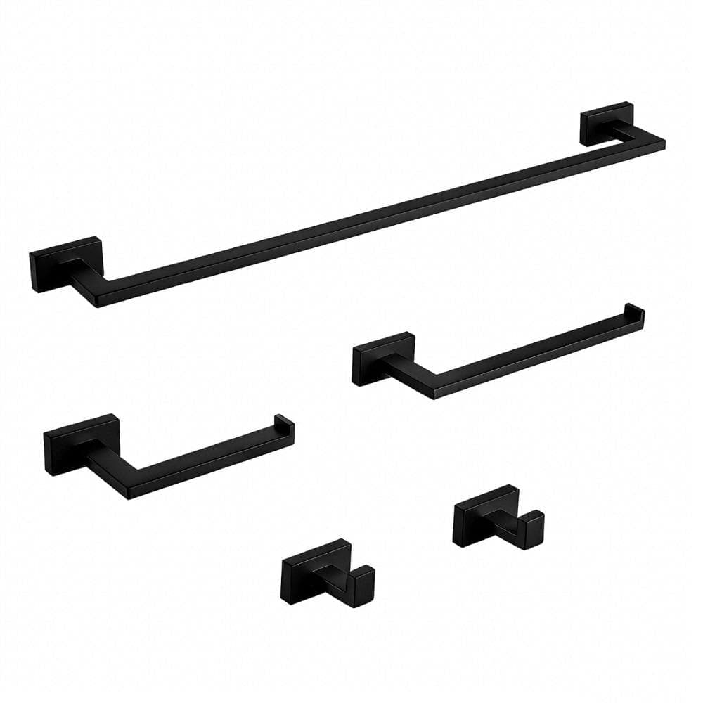 GQB 4-Piece Stainless Steel Bath Hardware Set in Matte Black with Towel Rack, Towel Hook, Toilet Paper Holder (1)