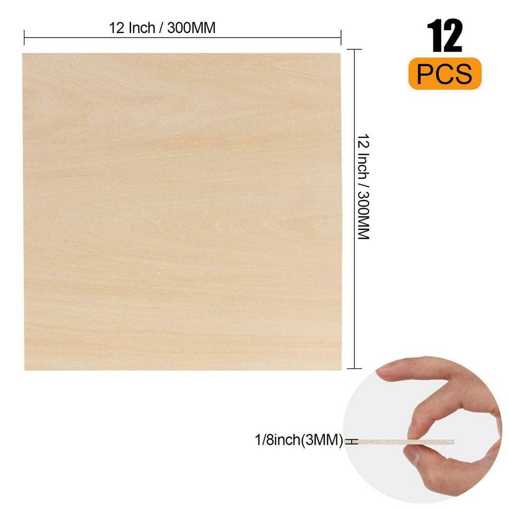 Afoxsos 1/8 x 12 x 12 in. Basswood Plywood Project Panel, Unfinished Wood Sheets for Crafts and DIY Projects (12-Pack) (3)