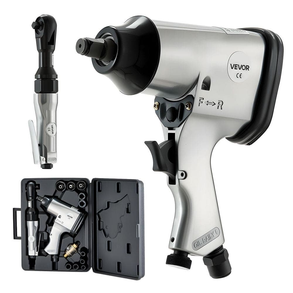 VEVOR 1/2 in. Air Impact Wrench and 3/8 in. Ratchet Wrench Combo, 19-Piece Pro Air Tool Kit w/ 10-Pieces CR-V Sockets and Case (1)