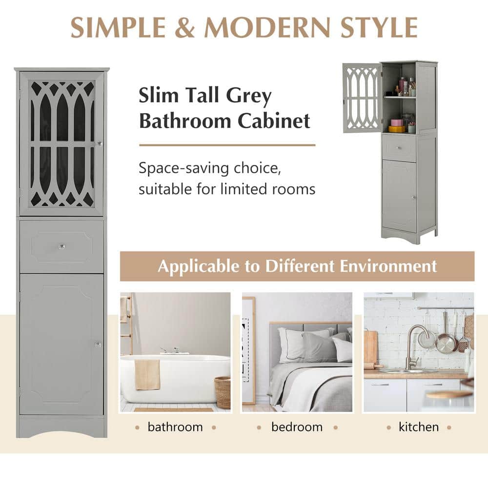 Unbranded Contemporary Designed 17 in. W x 14 in. D x 64 in. H Gray MDF Board Freestanding Bathroom Linen Cabinet (3)