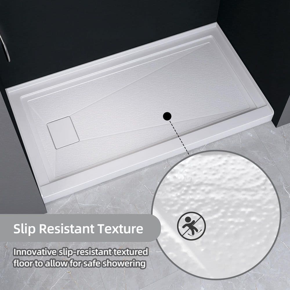 Zeafive Voe 60 in. L x 32 in. W Single Threshold Alcove Shower Pan Base with Left Drain and Cover in White Acrylic Non-Slip Tray (2)