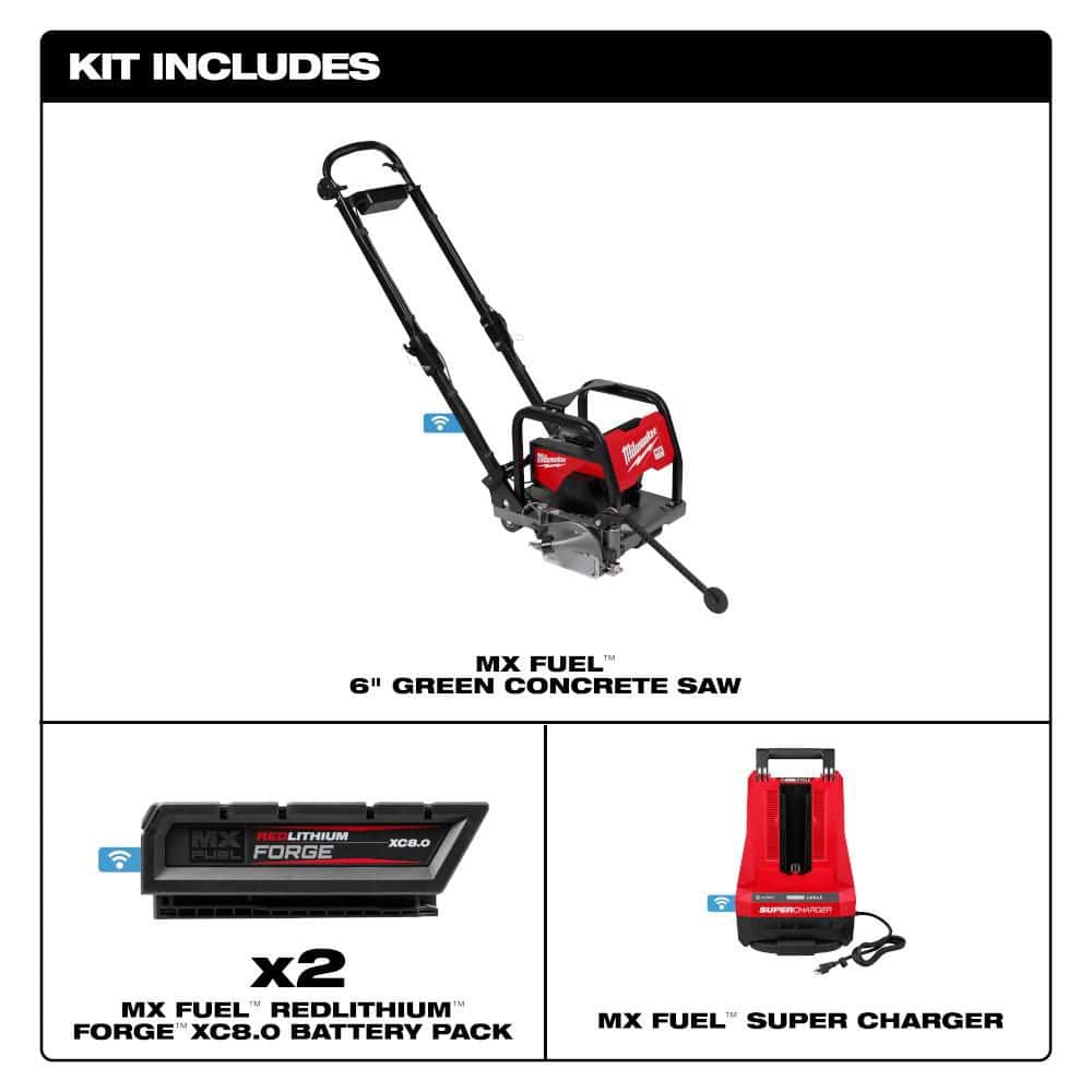 Milwaukee MX FUEL Lithium-Ion 6 in. Green Concrete Saw Kit with (2) FORGE XC8. 0 Batteries, MX FUEL Super Charger &Cut Off Saw (3)