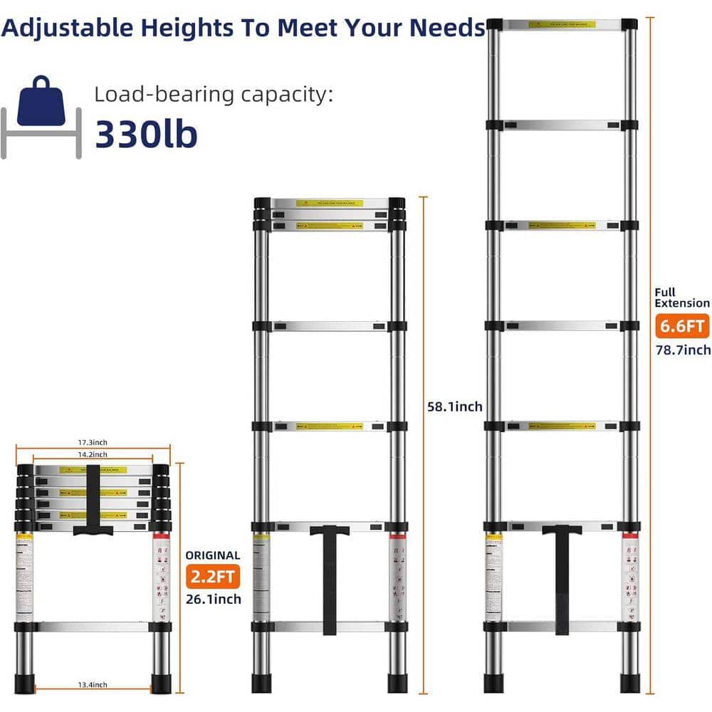 KIWDZFU 6.6ft Aluminum Telescopic Ladder, Lightweight Folding Ladder for Home, RV, Attic, 330lb Capacity (2)