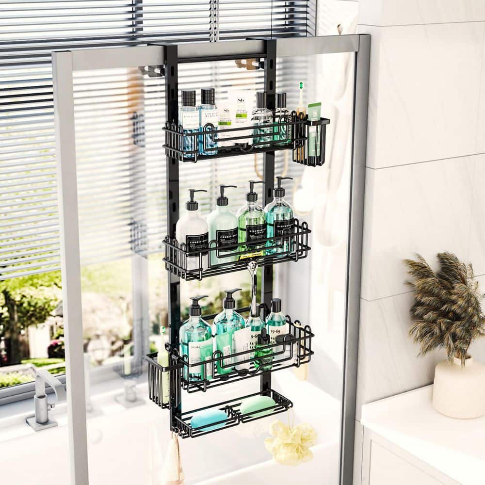 Numhew 33.26 in. H x 12.3 in. W x 4 in. D, 4 Tier Hanging Stainless Steel Over the Door Shower Caddy Shelf in Black (2)