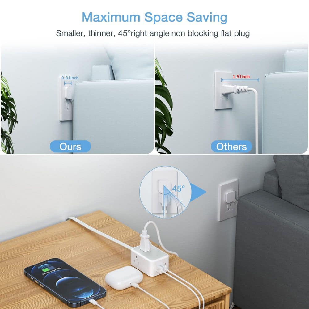 Unbranded 5 ft. 3 Prong 3 Outlet Extension Cord with USB-A USB-C Ports Flat Ultra Slim Plug Indoor Power Strip White (2)
