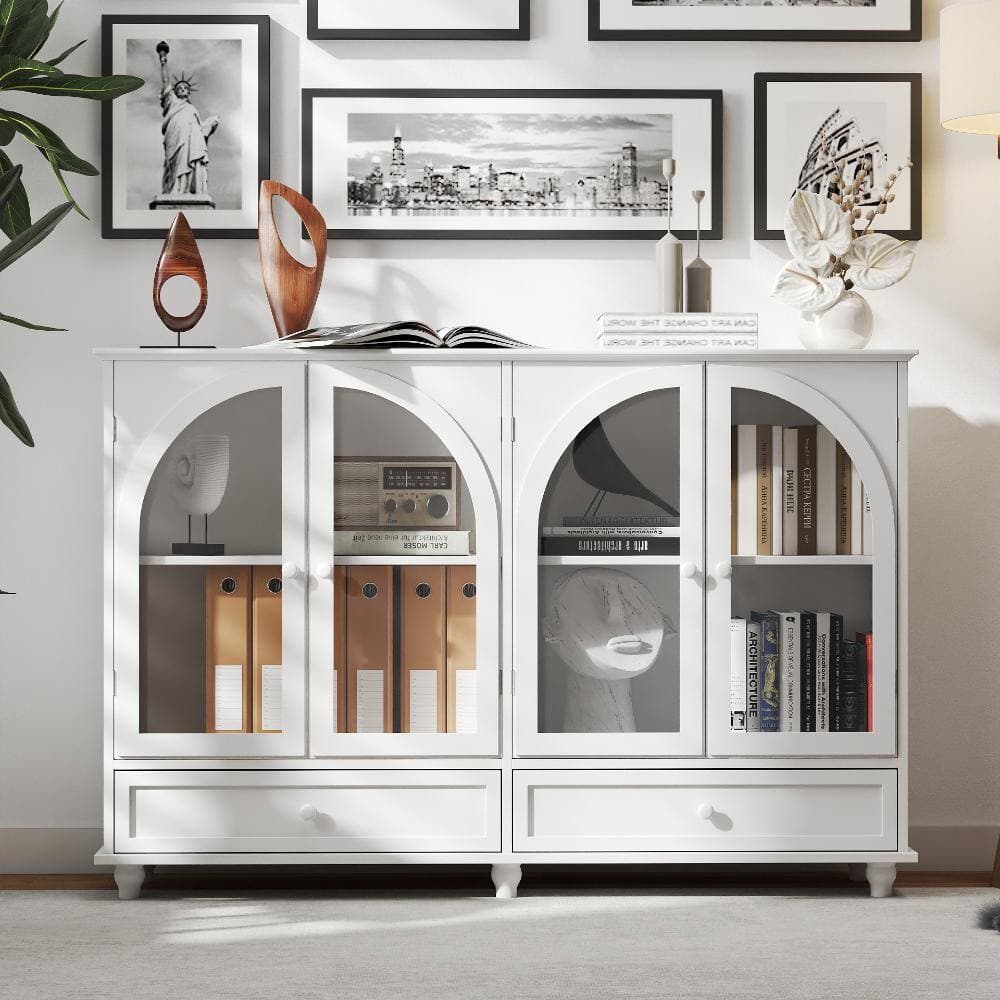 COWLOWN 54.13 in. W x 14.96 in. D x 36.81 in. H White Linen Cabinet with 2 Drawers & 4 Glass Doors, Adjustable Shelves (2)