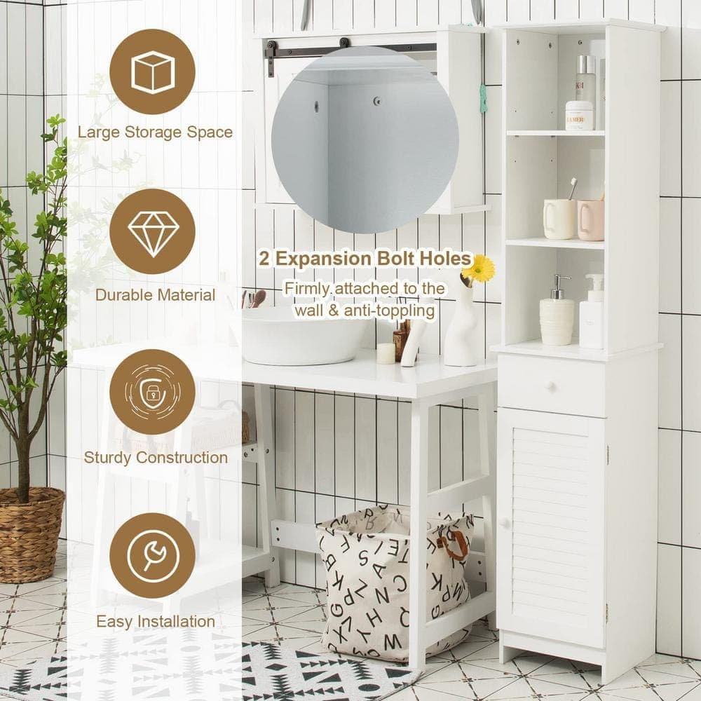 Bunpeony 13.5 in. W x 12 in. D x 64.5 in. H White MDF Freestanding Bathroom Linen Cabinet Floor Storage Cabinet with Double Door (3)