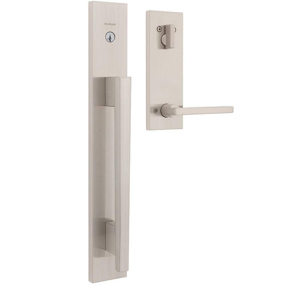 Kwikset Caerus Satin Nickel Keyed Entry Single Cylinder Door Handleset with Interior Door Handle Featuring SmartKey Security