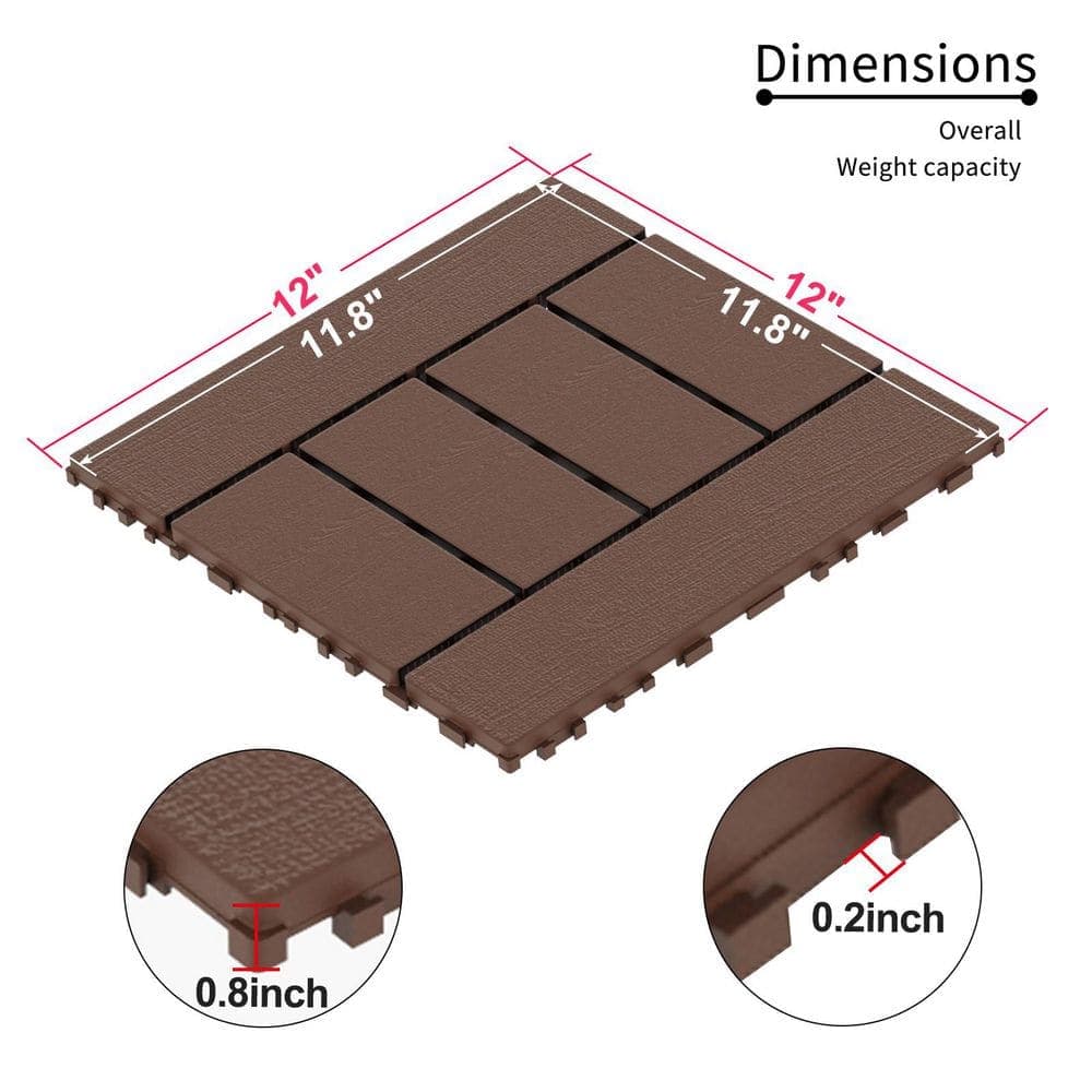 cadeninc H Style 12 in. x 12 in. Square Interlocking Decking Tiles Composite Floor Tile for Porch Poolside, Red Brown(44-Pack) (2)