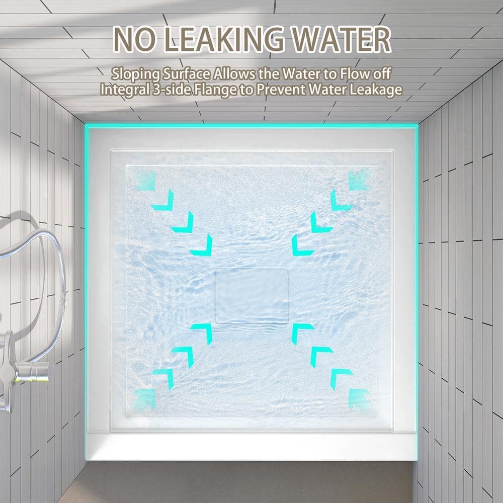 NTQ 34 in. 34 in. Acrylic Single Threshold Alcove Floor Rectangular Shower Pan Base with Drain (4)