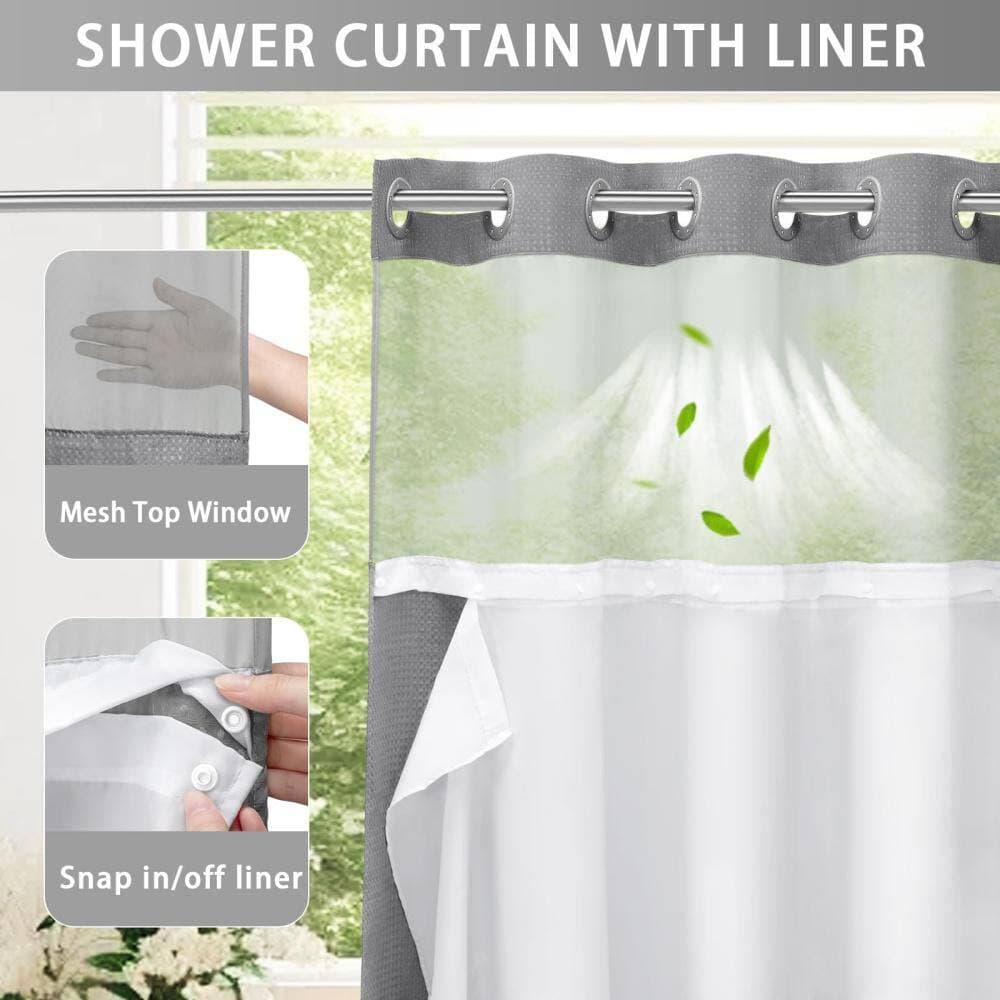 Numhew No Hook  75 in. L x 72 in. W Shower Curtain with Snap in Fabric Liner Set, Waffle Shower Curtain, Gray (3)