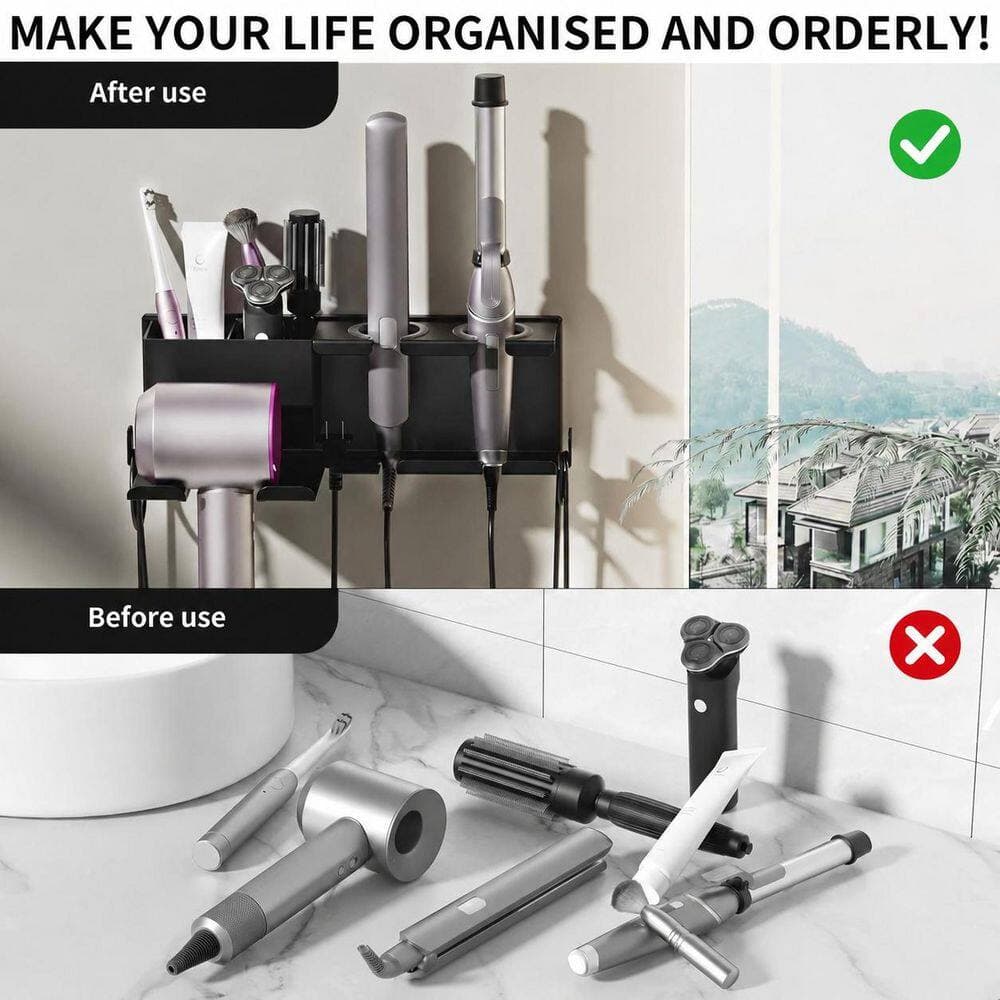 Anqtovp 3 in 1 Wall Mount Hair Tool Organizer in Black Metal, Universal Fit for Hair Dryer, Curling Iron, Flat Iron (3)