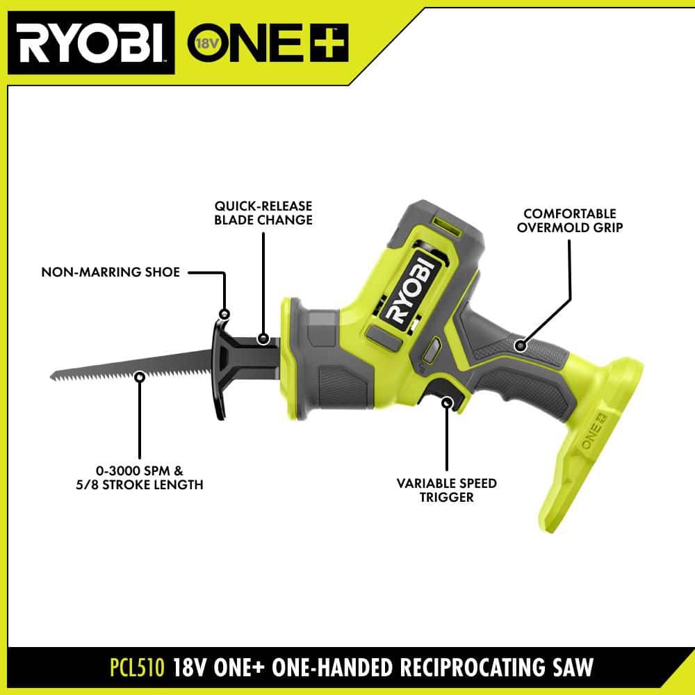 RYOBI ONE+ 18V Cordless One-Handed Reciprocating Saw Kit with 2 Ah Battery, Charger, and Fine Point Permanent Marker (3)