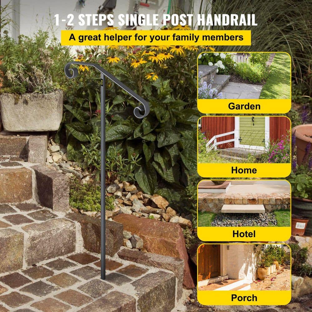 Laybus 4.8 ft. Black Single Post Handrail Wrought Iron Post Mount Step Grab Supports in Ground Long Post Gray (3)