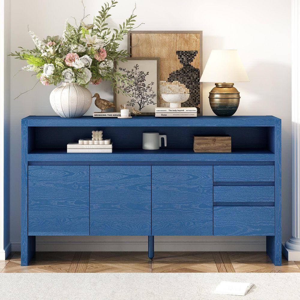 COWLOWN 60 in. W x 15.7 in. D x 33.6 in. H Navy Blue Linen Cabinet with 3 Drawers, Semi-Open Shelf, 3 Doors (2)