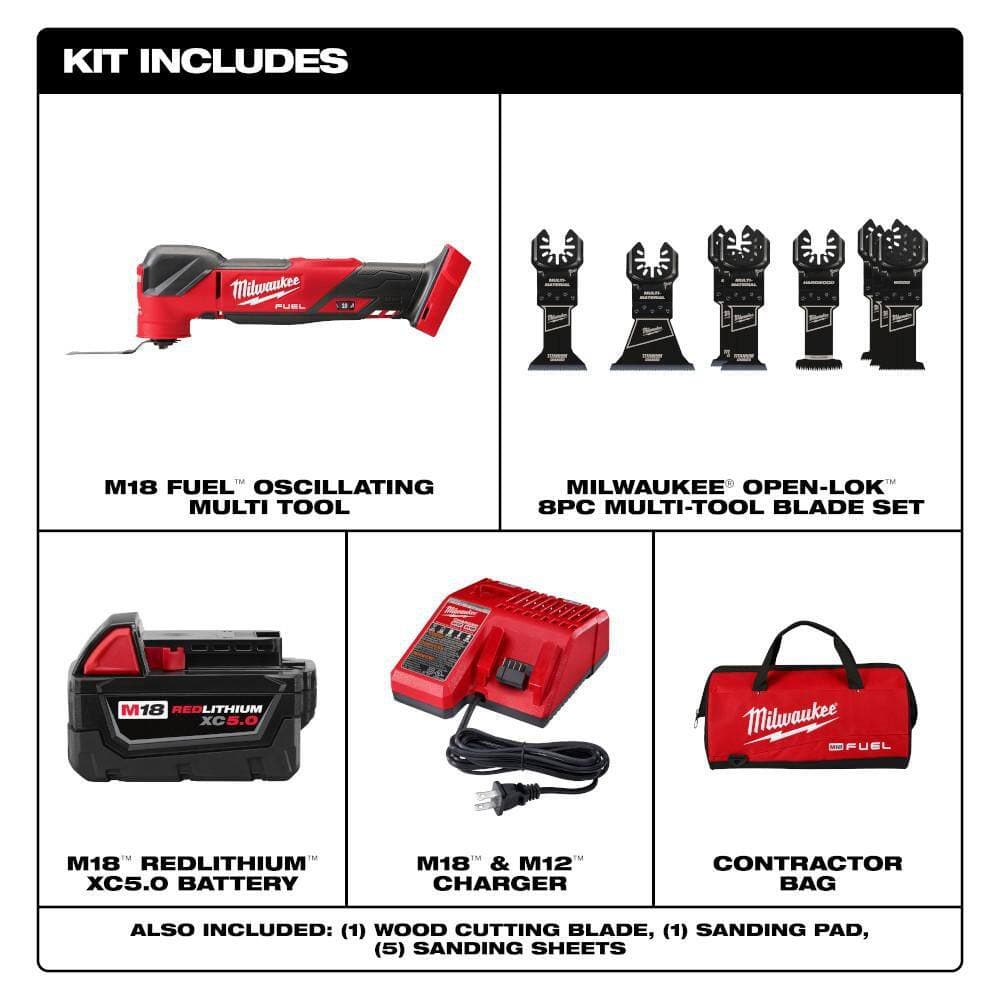 Milwaukee M18 FUEL 18V Brushless Oscillating Multi-Tool Kit w/ 5. 0Ah Battery, Charger, Bag with 8-Pc OMT Blade Kit (2)