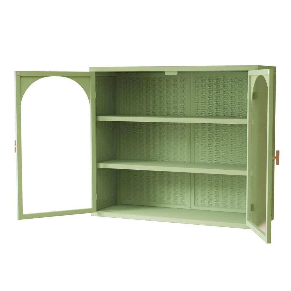 Zeus & Ruta 27.56 in. W x 9.06 in. D x 23.62 in. H Bathroom Storage Wall Cabinet in Green with Double Glass Door and Woven Pattern (3)