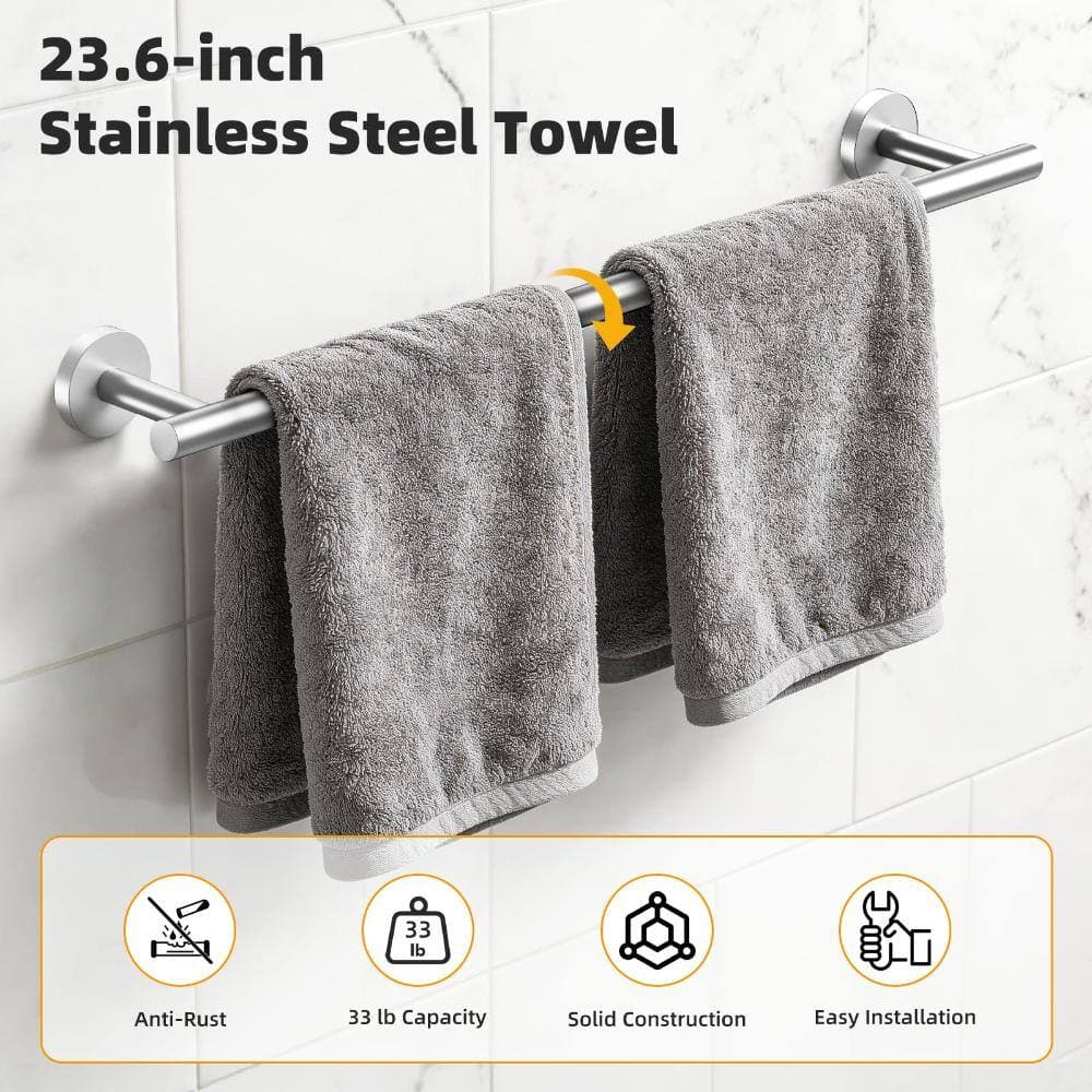Unbranded 5-Piece Wall Mount Bathroom Hardware Set 24 in. Towel Bar Ring Paper Holder Robe Hooks Brushed Nickel (3)