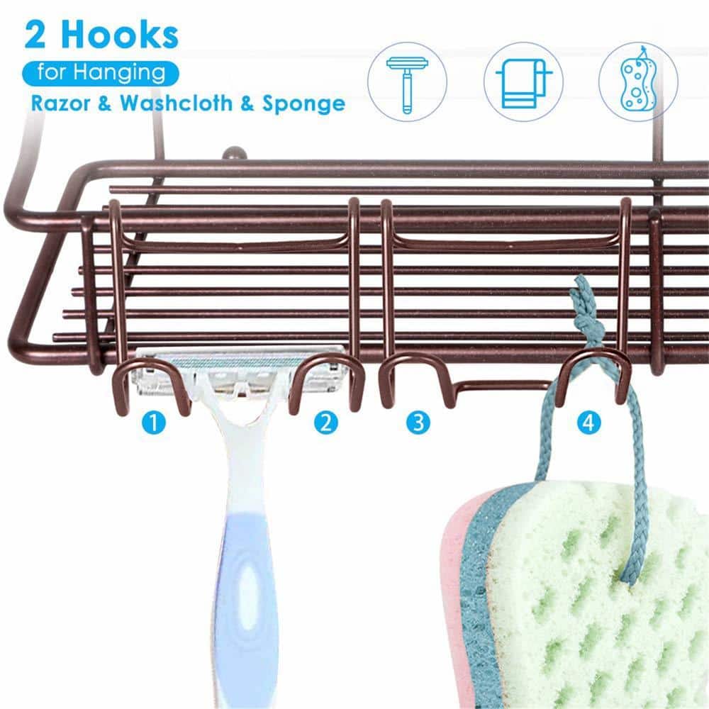 Cubilan Wall Mount Adhesive Stainless Steel Shower Caddy Shelf with Hooks in Bronze, 2-Pack (2)