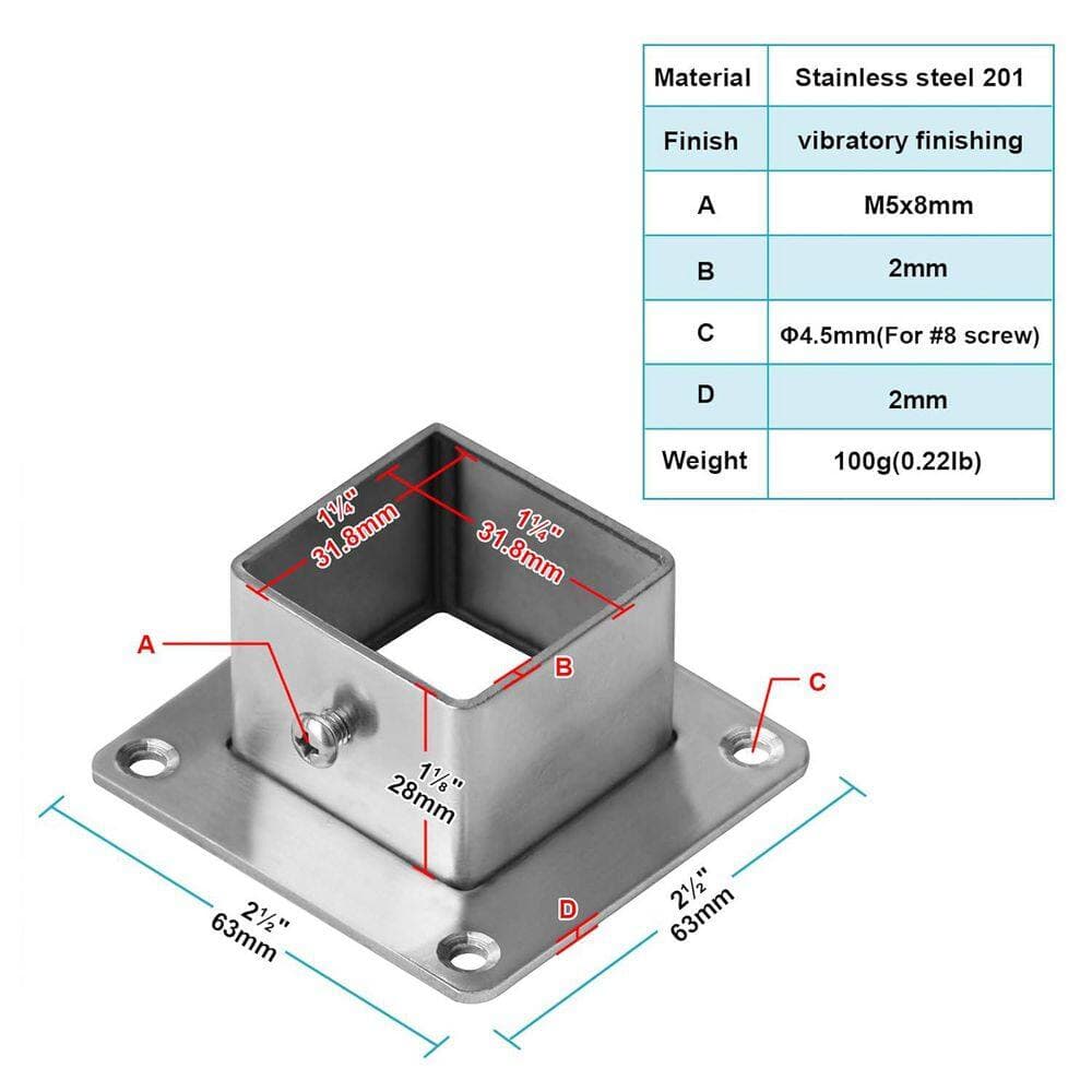 Afoxsos Square Post Flange Base 1-1/4 Inch Stainless Steel Metal Floor Deck Rail Systems for Fence or Deck Mount 8 Pack (3)
