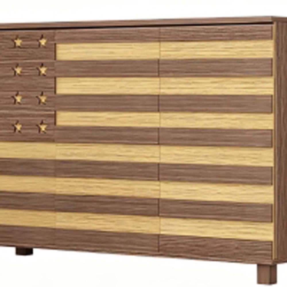 XUJMK 55 in W x 16 in D x 35 in H Linen Cabinet, Sideboard Cabinet with 2 Drawers, 3 Doors, Adjustable Shelves, Brown+Yellow (1)
