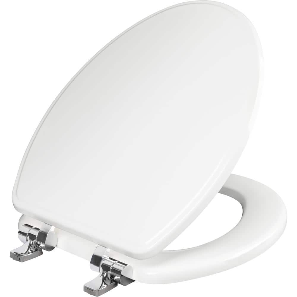 BEMIS Weston Elongated Soft Close Enameled Wood Never Loosens Chrome Metal Hinge Toilet Seat in White (2)