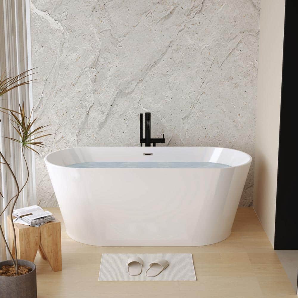 Flynama 59 Inch Linear Acrylic Freestanding Tub, Gloss White Soaker Bathtub with Chrome Pop-Up Drain (1)