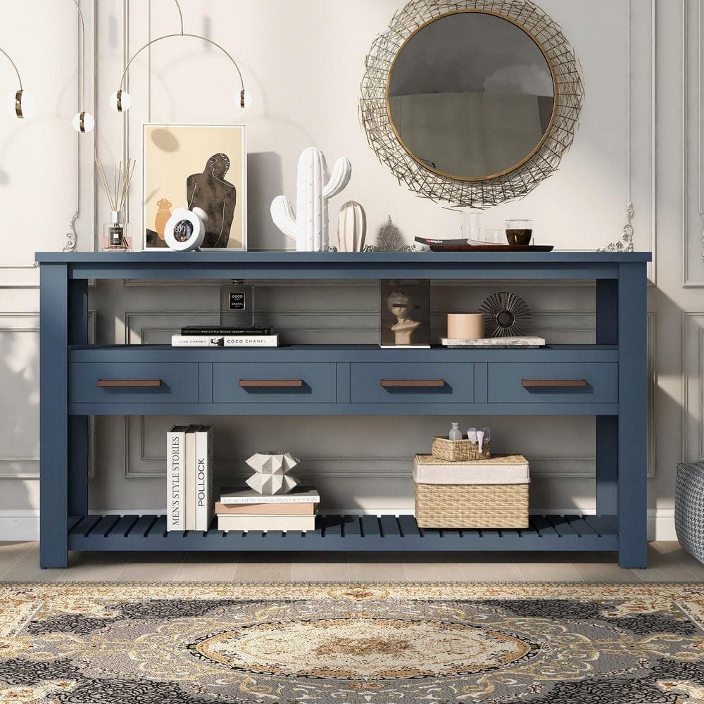 COWLOWN 61.5 in. W x 13.6 in. D x 31 in. H Navy Blue Linen Cabinet Console Table with Open Shelves and 4-Drawers (1)