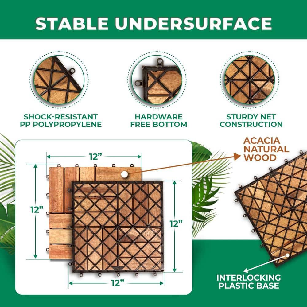 Afoxsos 1 ft. x 1 ft. Acacia Wood Interlocking Deck Tiles Waterproof All Weather for Patio in Light Brown-(10-Pack) (2)