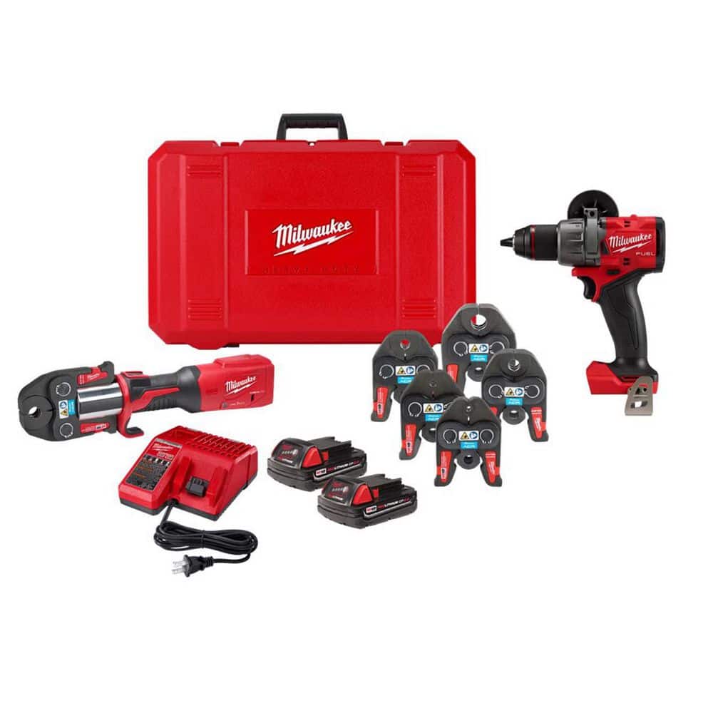 Milwaukee M18 18V Lithium-Ion Brushless Cordless Copper FORCE LOGIC Press Tool Kit with Jaw Kit and M18 FUEL 1/2 in. Hammer Drill (1)