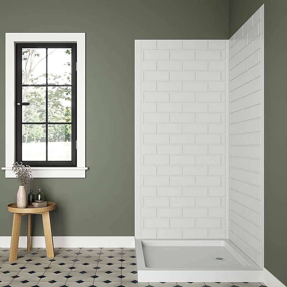 Streamline DSH-1020-88 36 in. L x 36 in. W x 76 in. H 2-Piece Glue-Up Corner Shower Wall Surround in White Tile Finish (2)