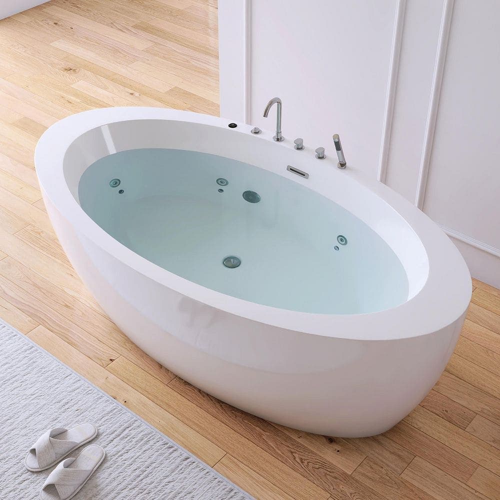 MEDUNJESS 71 in. x 37 in. Acrylic Flatbottom Freestanding Whirlpool Bathtub in White with Faucets (2)