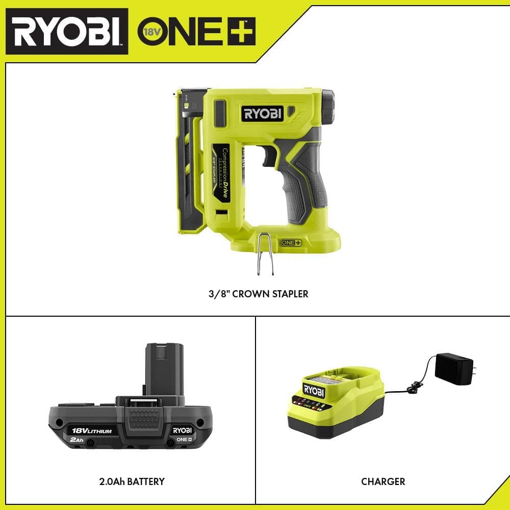 RYOBI ONE+ 18V Cordless Compression Drive 3/8 in. Crown Stapler and 2.0 Ah Compact Battery and Charger Starter Kit (2)