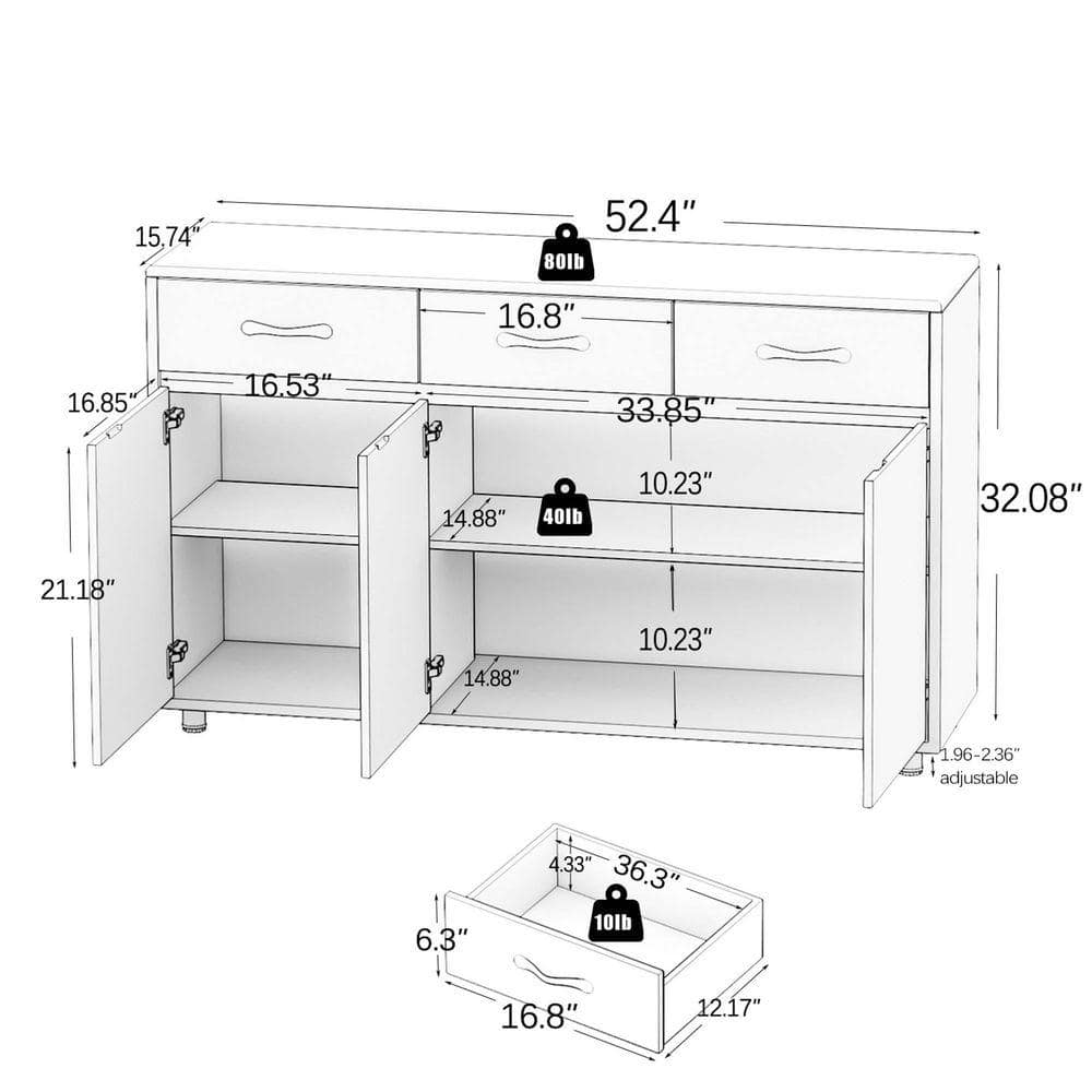 XUJMK 53 in. W x 16 in. D x 33 in. H White Linen Cabinet with Drawers, Farmhouse Buffet Cabinet Storage Sideboard for Dining (3)