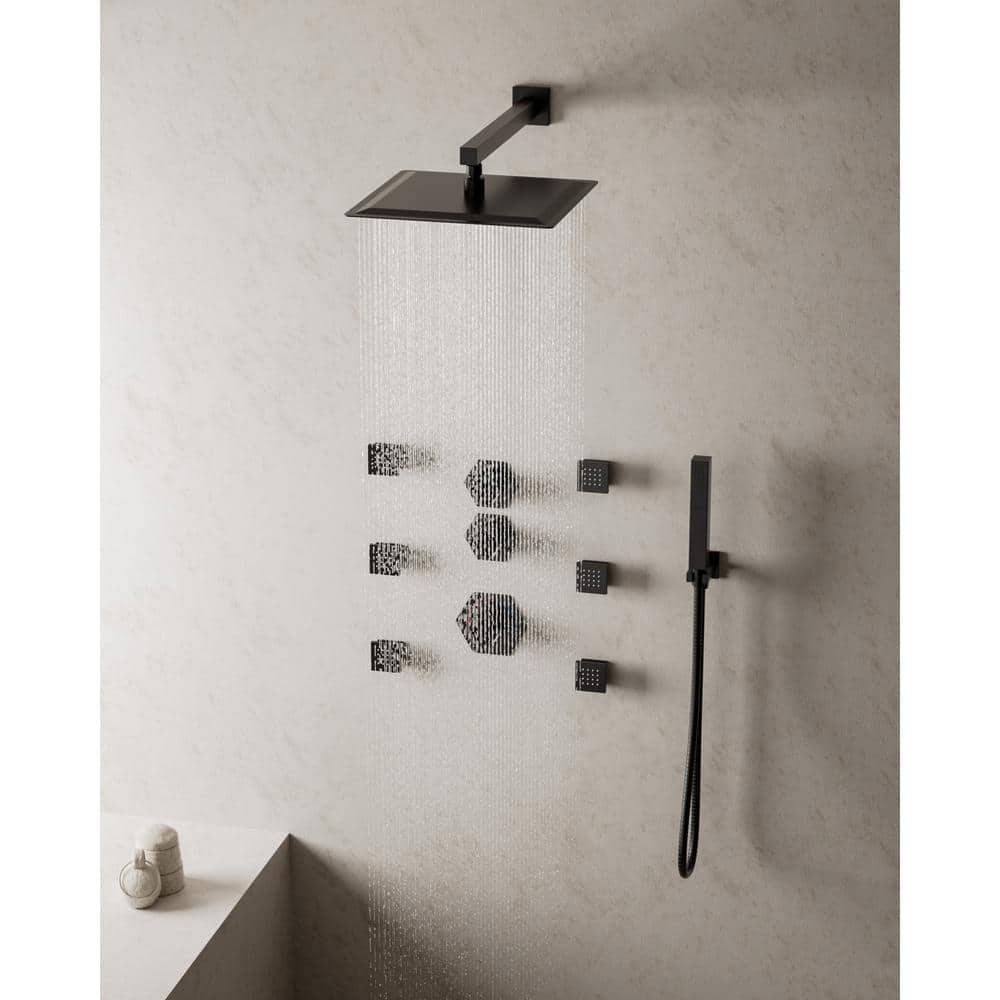 YAWWALK Thermostatic Valve 5-Spray 12 in. Wall Mount Dual Shower Heads and Handheld Shower Head in Matte Black (3)
