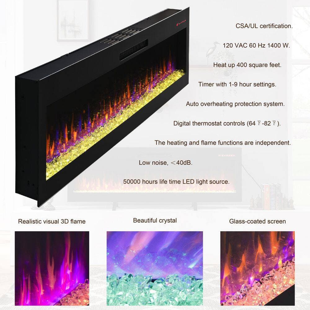 Runesay 60 in. 1400-Watt Black 5000 BTU Recessed Electric Fireplace Utility Convection Infrared Space Heater with Remote (3)