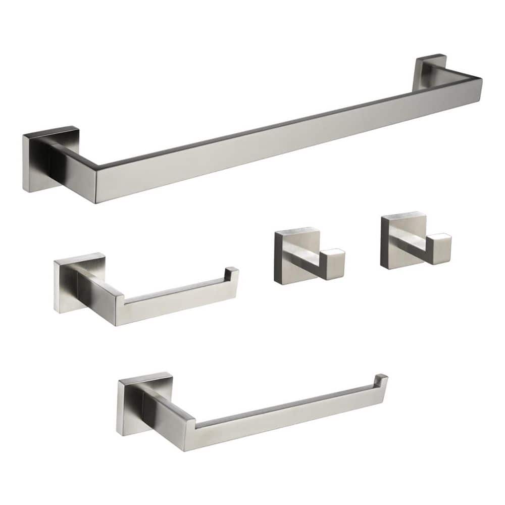 Heemli Modern 5-Pieces Bath Hardware Set with Towel Ring Toilet Paper Holder Towel Hook and Towel Bar in Brushed Nickel