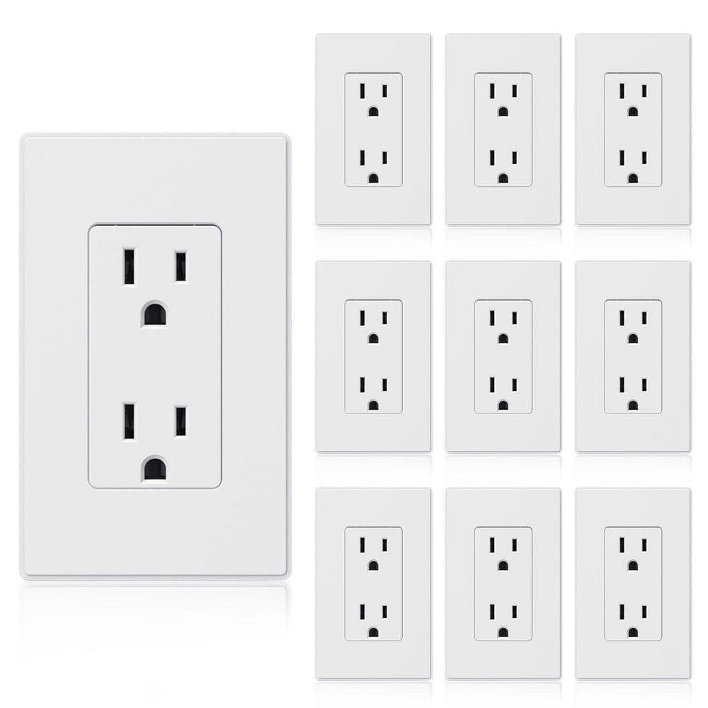 ELEGRP Decorator 15 Amp 125-Volt Residential Grade Self Grounding Duplex Outlet, with Wall Plate, Matt White (10-Pack) (1)