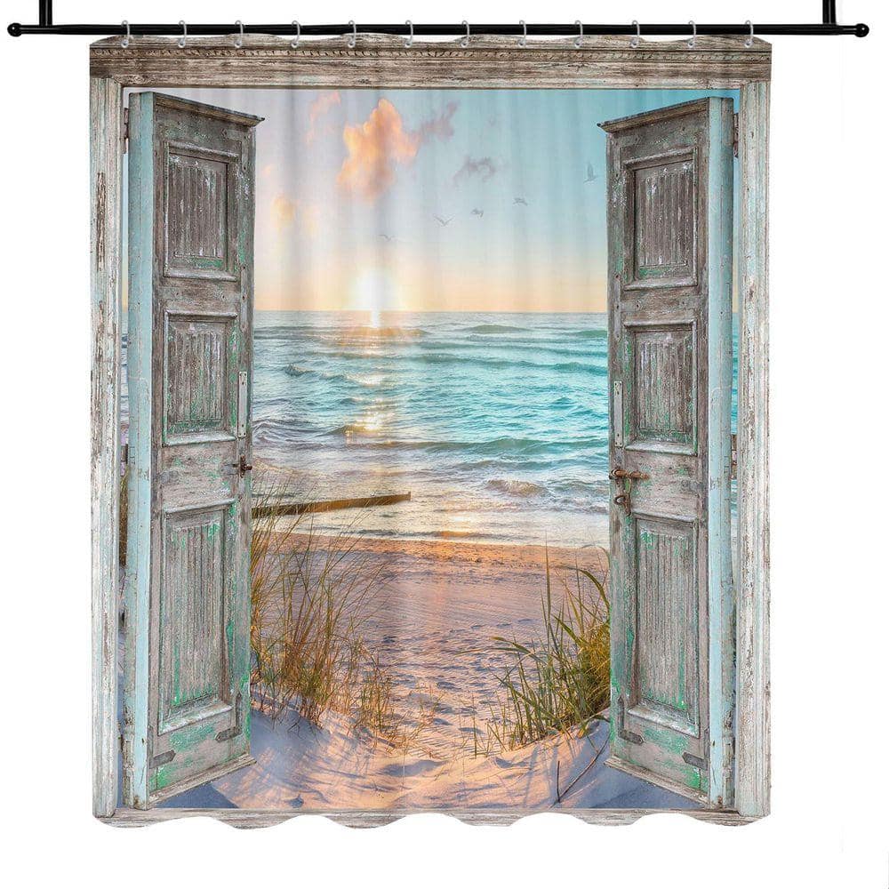JFVKAF Boho Beach Coastal Shower Curtain Teal Ocean Sunrise Seascape Nautical 72 x 72 Fabric with 12 Hooks Fabric